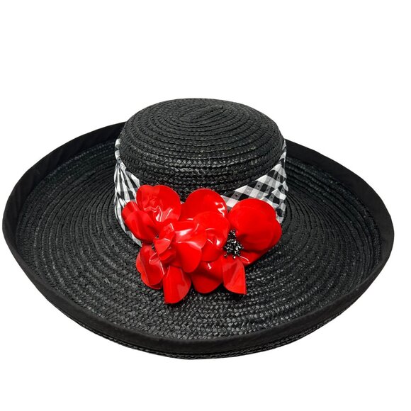 Whittall & Shon Womens Black‎ Wide Brim Hat Red Floral Derby Event - Picture 3 of 11